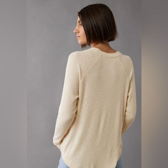 AE Heather Cream Crewneck Soft Plush Ribbed Long Sleeve Tee - Picture 2 of 16